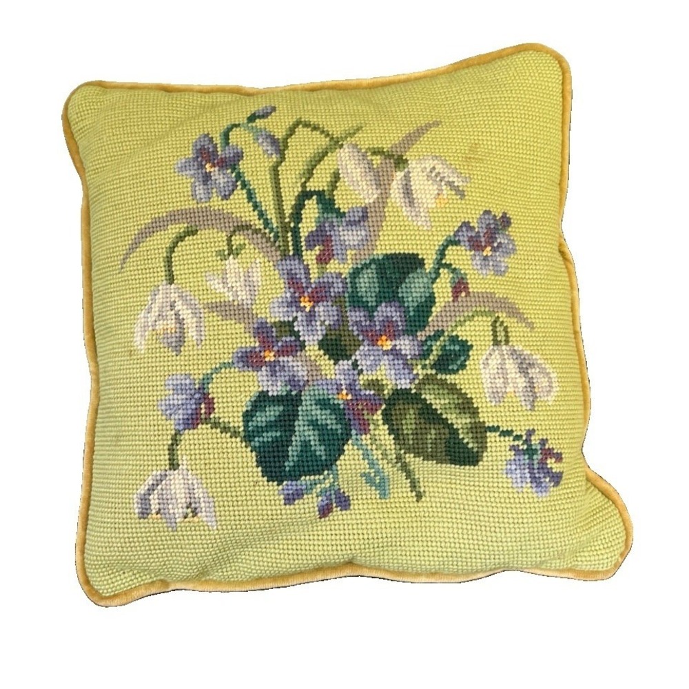 Vintage Hand Needlepoint Pillow Violets Snowdrops Mustard Velvet 12" Square